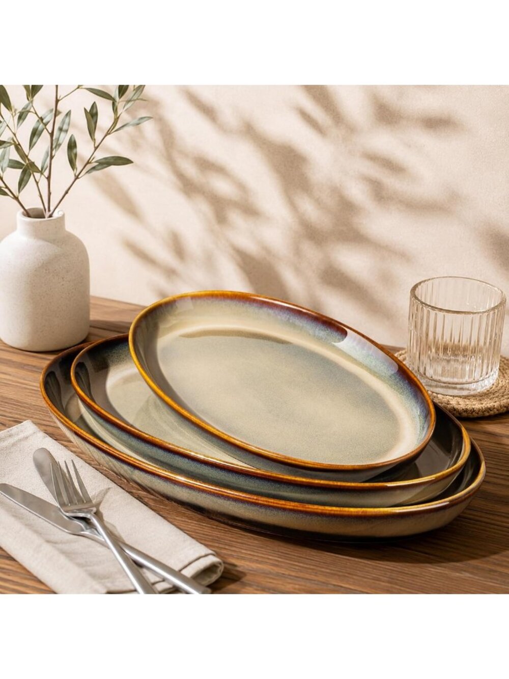 Elegant Ceramic Serving Platter Set of 3 - Oval Plates for Entertaining & Dining